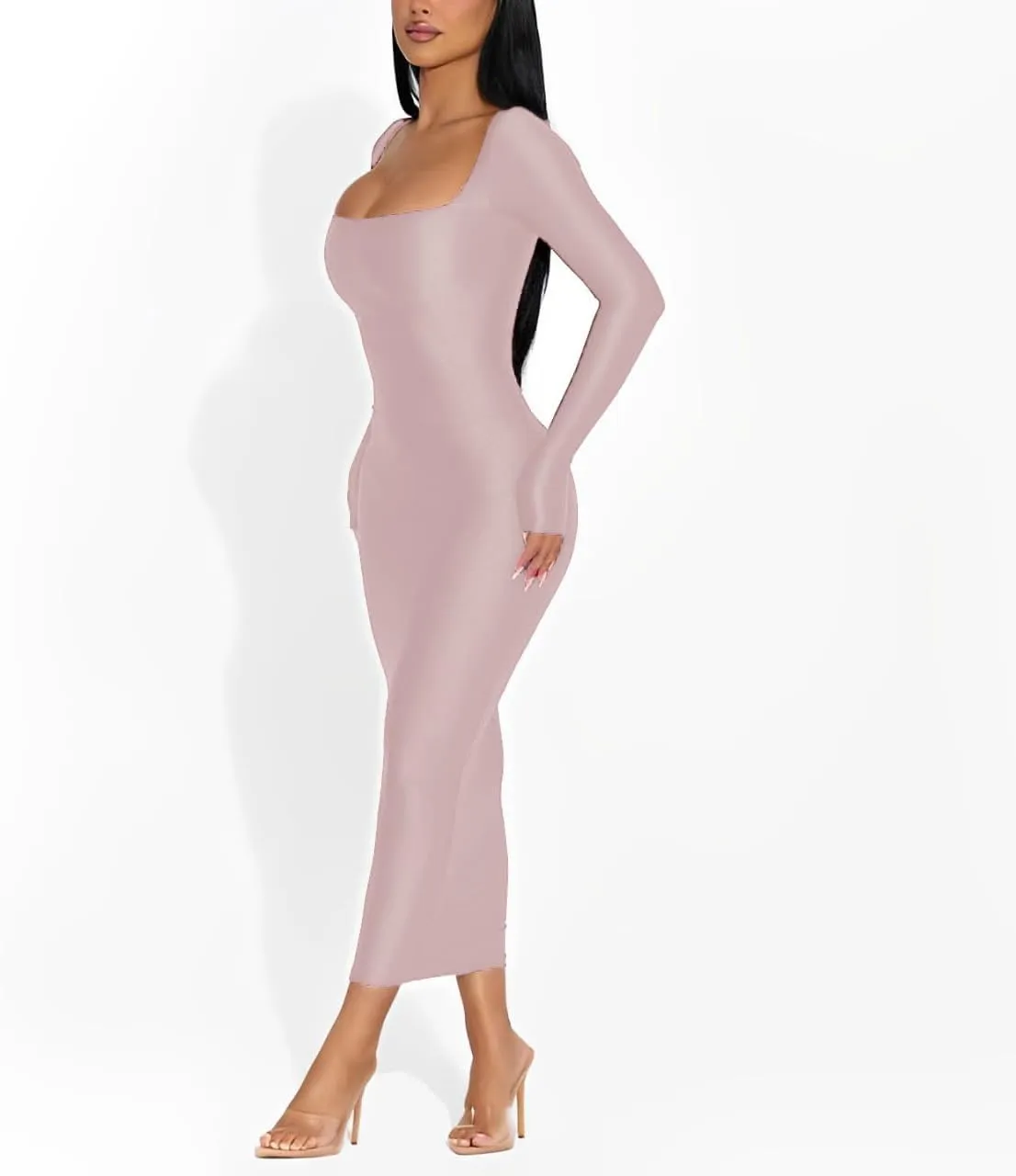 Women's 2024 Fall Maxi Dress Sexy Square Neck Long Sleeve Back Slit Bodycon Party Club Long Dresses