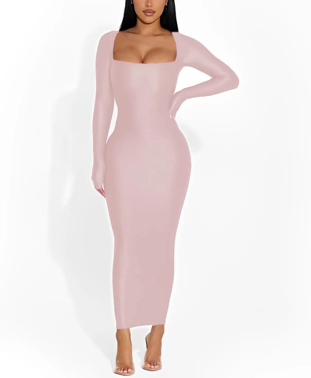 Women's 2024 Fall Maxi Dress Sexy Square Neck Long Sleeve Back Slit Bodycon Party Club Long Dresses