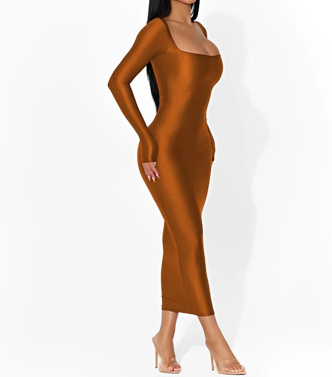 Women's 2024 Fall Maxi Dress Sexy Square Neck Long Sleeve Back Slit Bodycon Party Club Long Dresses