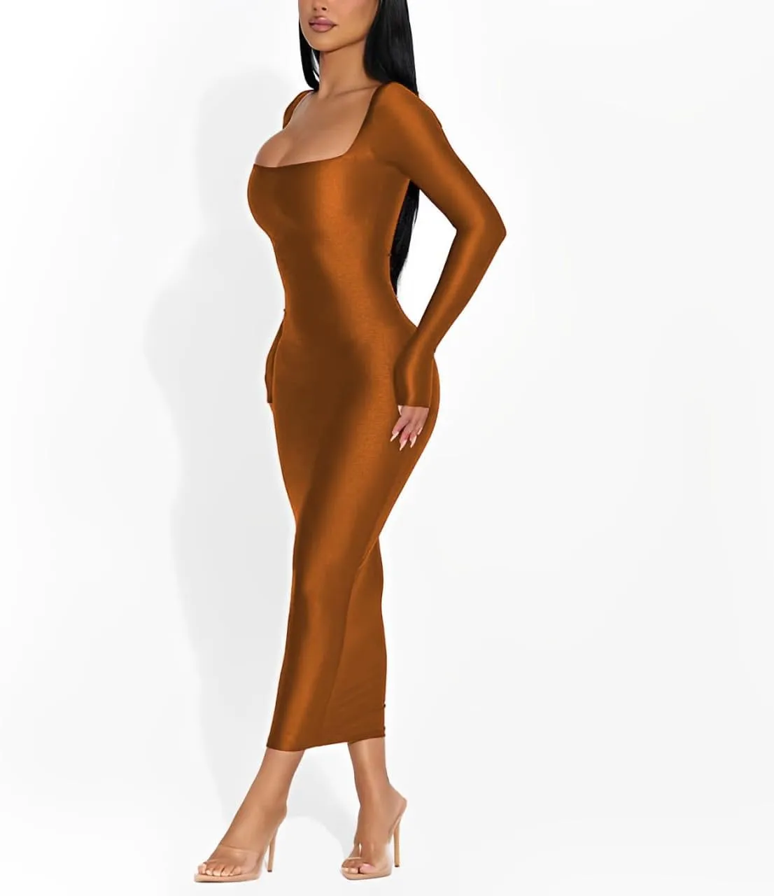 Women's 2024 Fall Maxi Dress Sexy Square Neck Long Sleeve Back Slit Bodycon Party Club Long Dresses