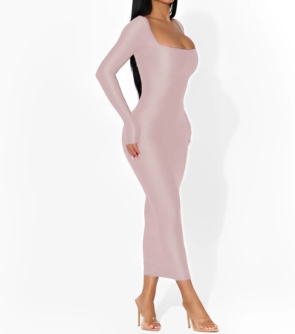 Women's 2024 Fall Maxi Dress Sexy Square Neck Long Sleeve Back Slit Bodycon Party Club Long Dresses