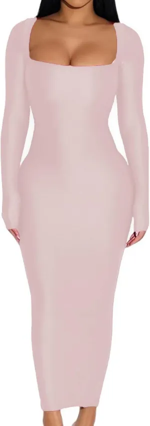 Women's 2024 Fall Maxi Dress Sexy Square Neck Long Sleeve Back Slit Bodycon Party Club Long Dresses