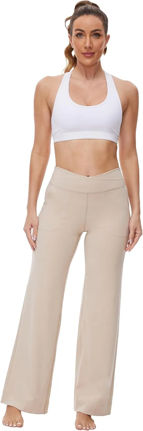 Womens 27"/29"/31" Wide Leg Yoga Gym Athletic Loose Pants V Waist High Waist Tall, Petite, Regular for Lounge Slacks