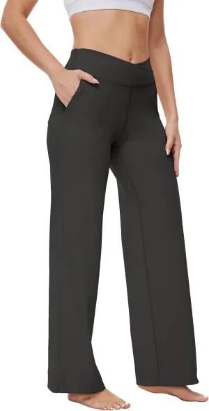 Womens 27"/29"/31" Wide Leg Yoga Gym Athletic Loose Pants V Waist High Waist Tall, Petite, Regular for Lounge Slacks