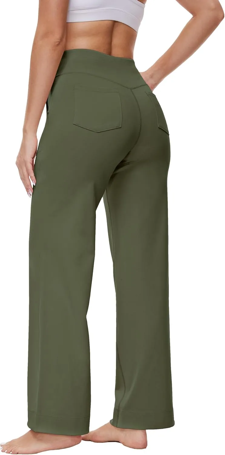 Womens 27"/29"/31" Wide Leg Yoga Gym Athletic Loose Pants V Waist High Waist Tall, Petite, Regular for Lounge Slacks