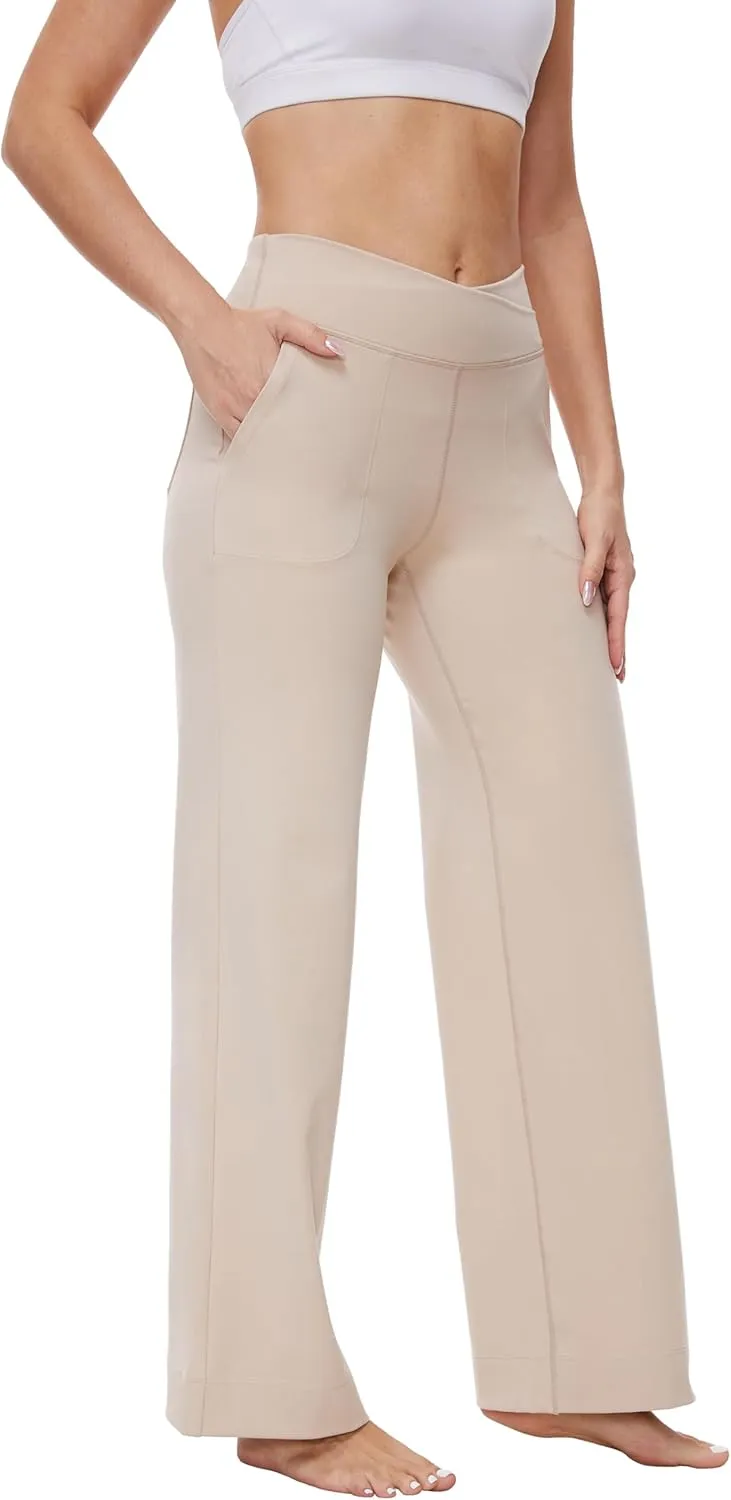 Womens 27"/29"/31" Wide Leg Yoga Gym Athletic Loose Pants V Waist High Waist Tall, Petite, Regular for Lounge Slacks