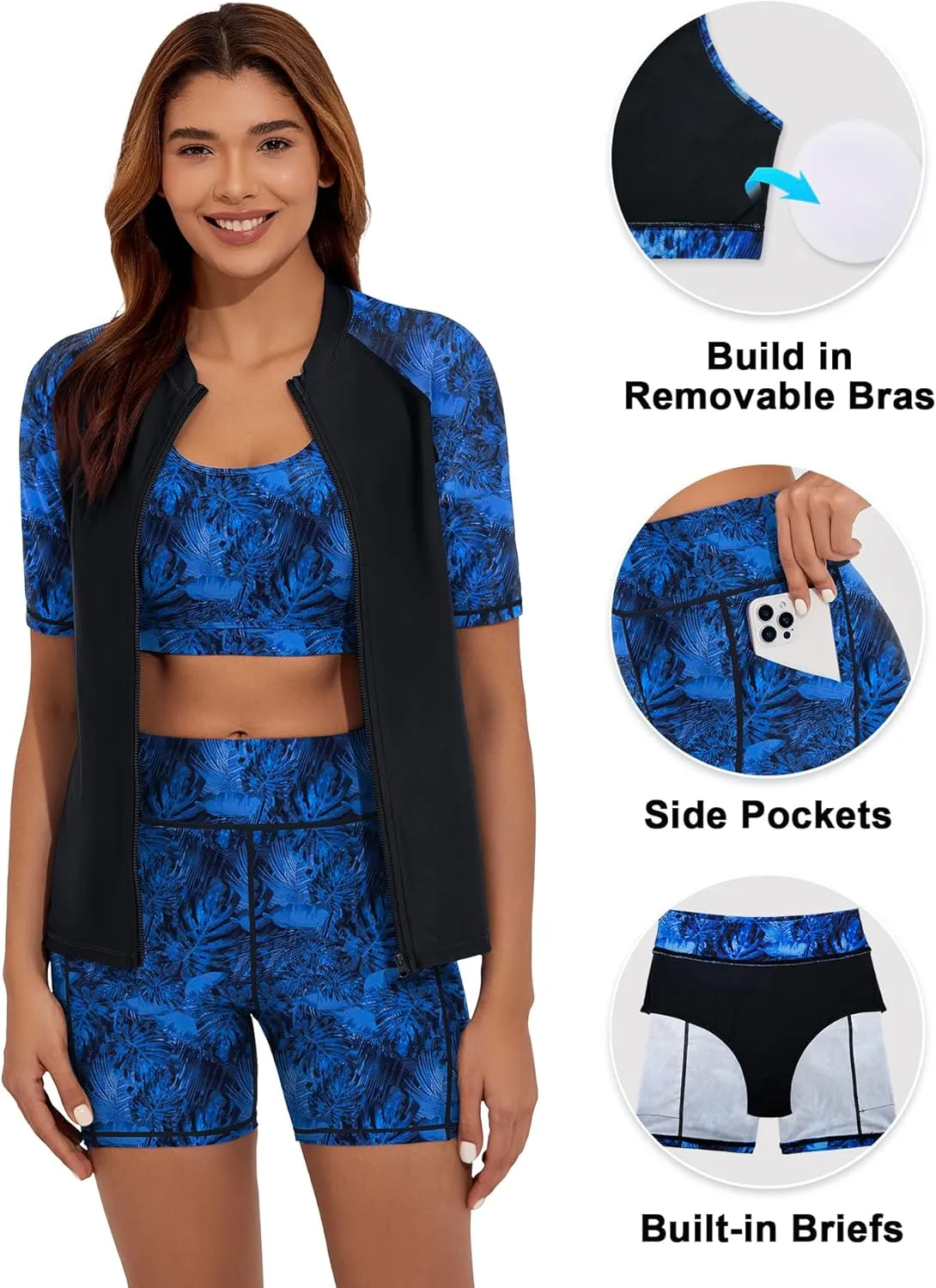 Women's 3 Piece Rash Guard Short Sleeve UPF 50  Rash Guard Swimsuits Zip Front Swim Shirt and Short Pocket