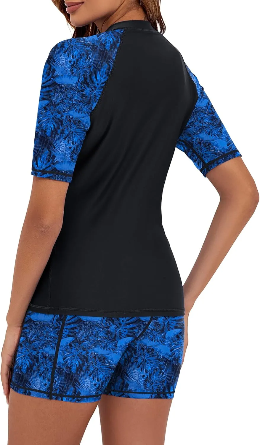 Women's 3 Piece Rash Guard Short Sleeve UPF 50  Rash Guard Swimsuits Zip Front Swim Shirt and Short Pocket