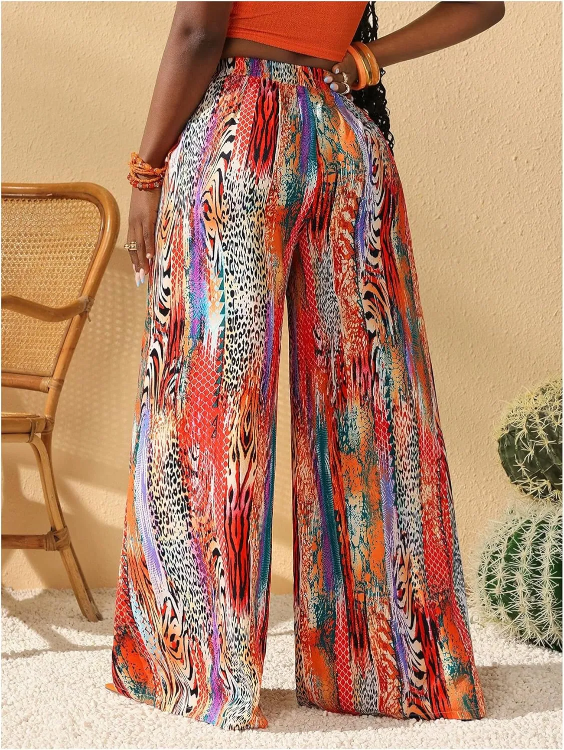 Women's Boho Printed Palazzo Pants Elastic High Waist Wide Leg Casual Trousers