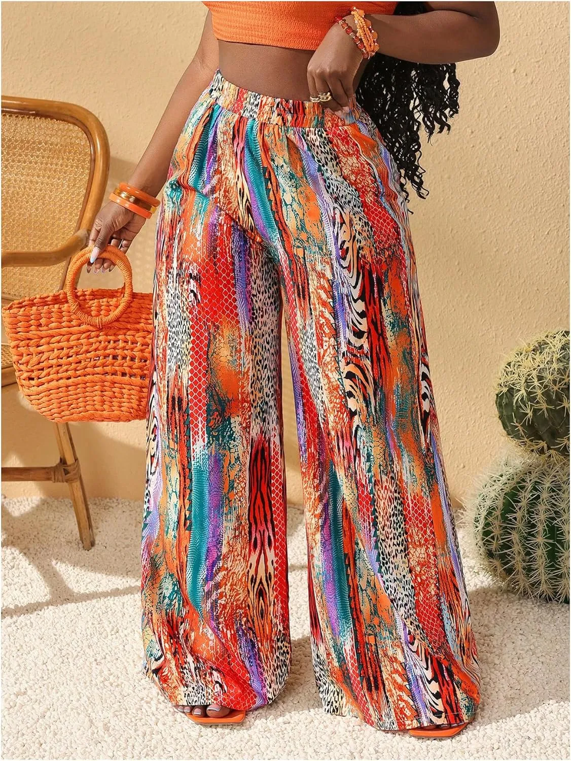 Women's Boho Printed Palazzo Pants Elastic High Waist Wide Leg Casual Trousers