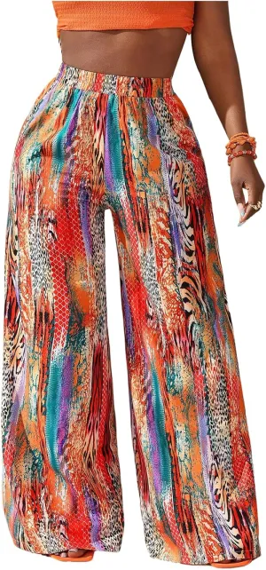 Women's Boho Printed Palazzo Pants Elastic High Waist Wide Leg Casual Trousers