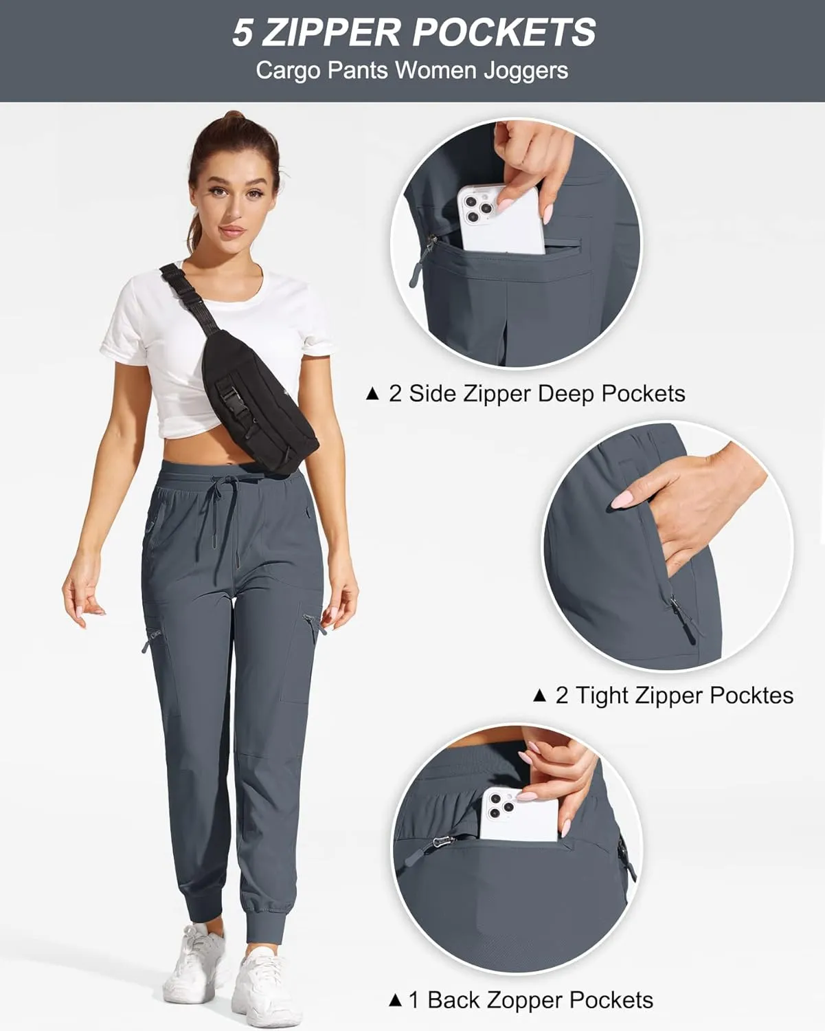 Womens Cargo Joggers Hiking Pants Lightweight Quick Dry Water Resistant Travel Casual Womens Pants with Zipper Pockets