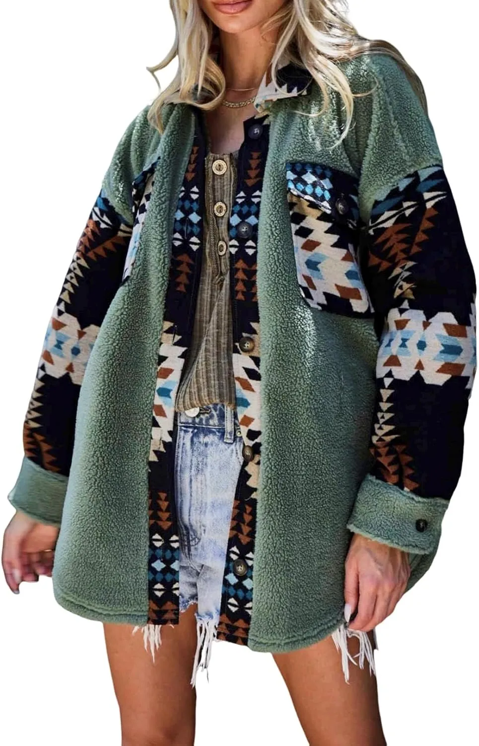 Women's Casual Fleece Jacket Tribal Aztec Shirt Jacket Long Sleeve Button Down Jacket Loose Shacket Outwear