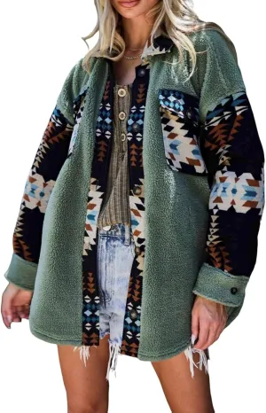 Women's Casual Fleece Jacket Tribal Aztec Shirt Jacket Long Sleeve Button Down Jacket Loose Shacket Outwear