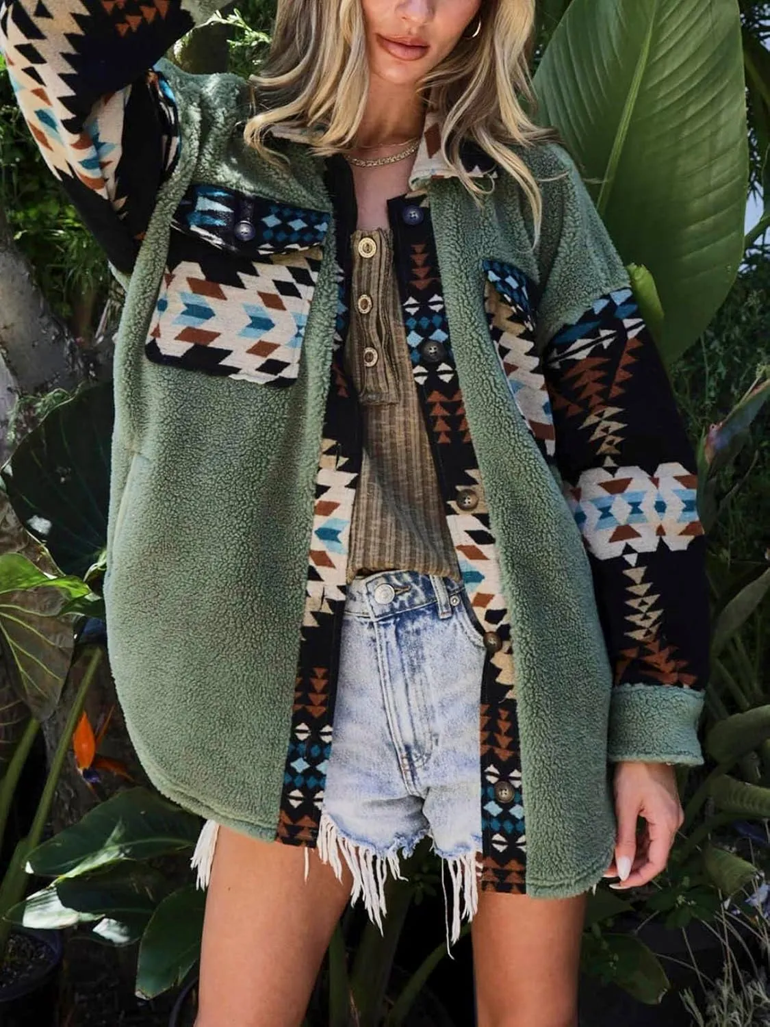 Women's Casual Fleece Jacket Tribal Aztec Shirt Jacket Long Sleeve Button Down Jacket Loose Shacket Outwear