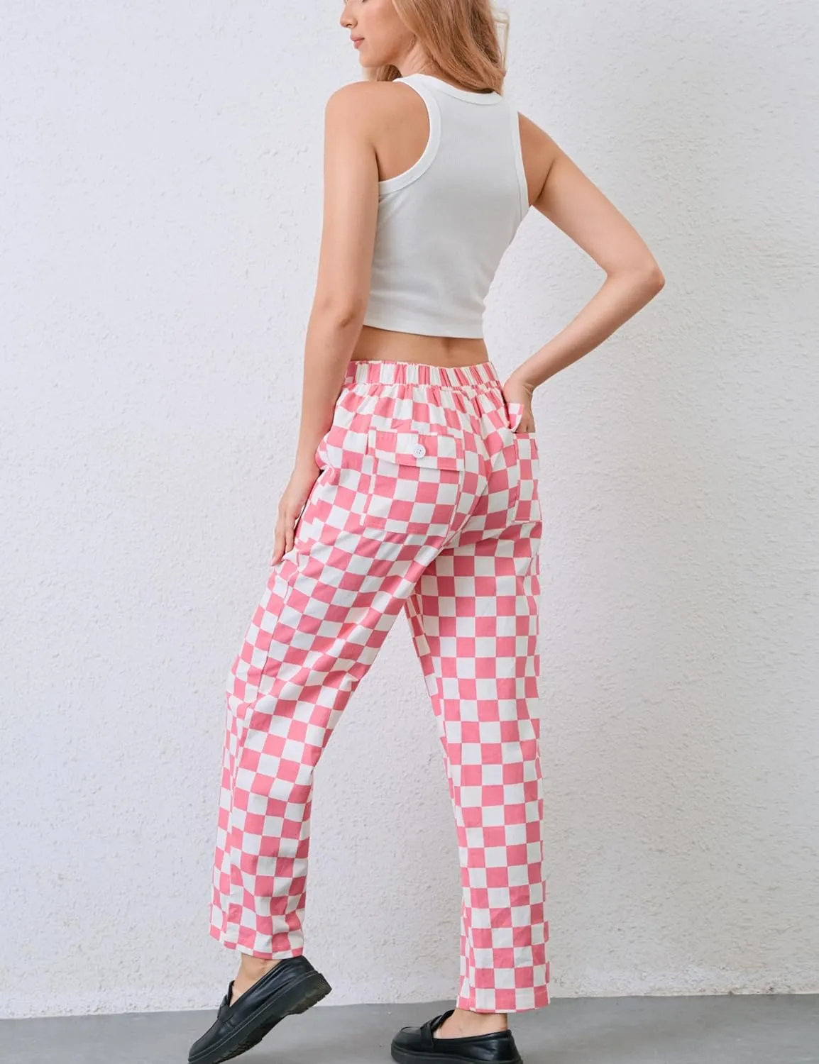 Womens Checkered Pants Zip Off Plaid Gingham Pants Casual Elastic High Waist Straight Leg Jeans with Pockets