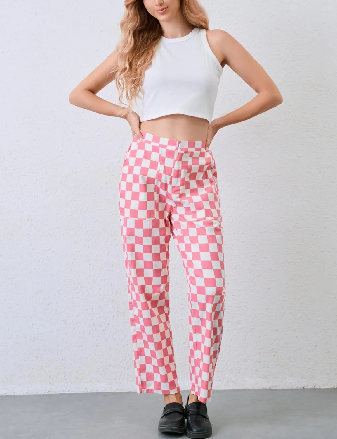 Womens Checkered Pants Zip Off Plaid Gingham Pants Casual Elastic High Waist Straight Leg Jeans with Pockets