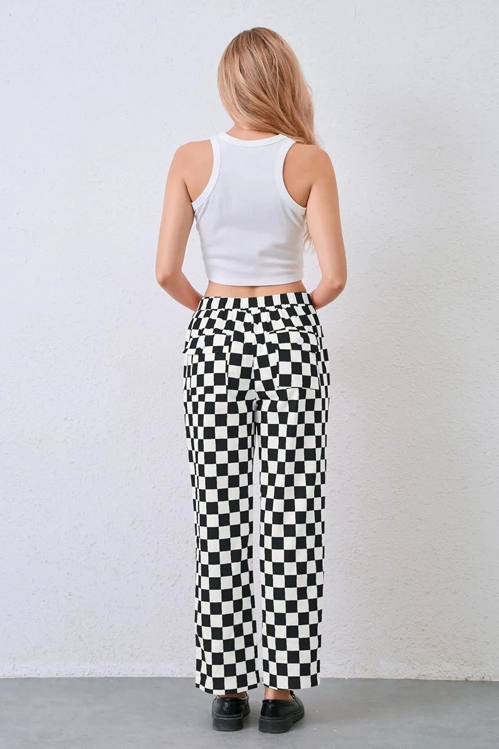Womens Checkered Pants Zip Off Plaid Gingham Pants Casual Elastic High Waist Straight Leg Jeans with Pockets