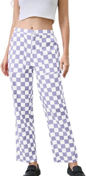 Womens Checkered Pants Zip Off Plaid Gingham Pants Casual Elastic High Waist Straight Leg Jeans with Pockets