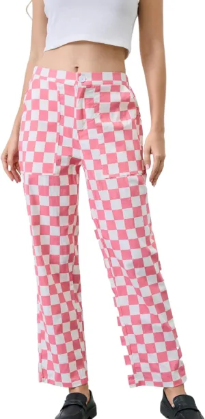 Womens Checkered Pants Zip Off Plaid Gingham Pants Casual Elastic High Waist Straight Leg Jeans with Pockets