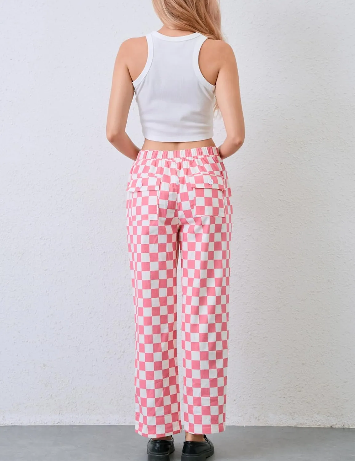 Womens Checkered Pants Zip Off Plaid Gingham Pants Casual Elastic High Waist Straight Leg Jeans with Pockets