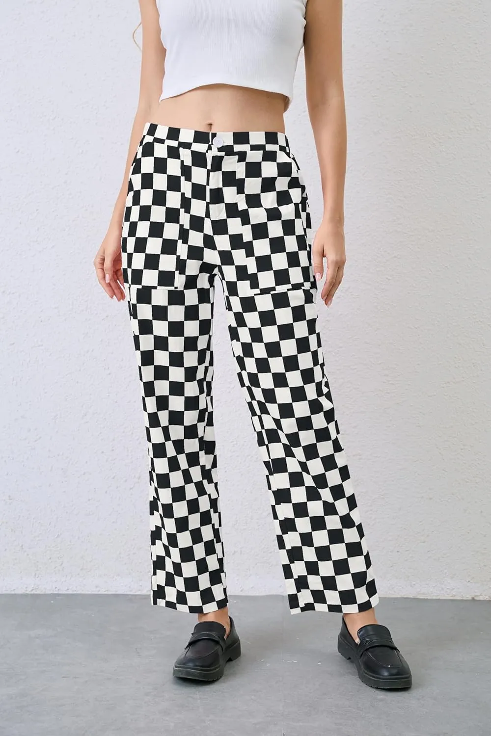 Womens Checkered Pants Zip Off Plaid Gingham Pants Casual Elastic High Waist Straight Leg Jeans with Pockets