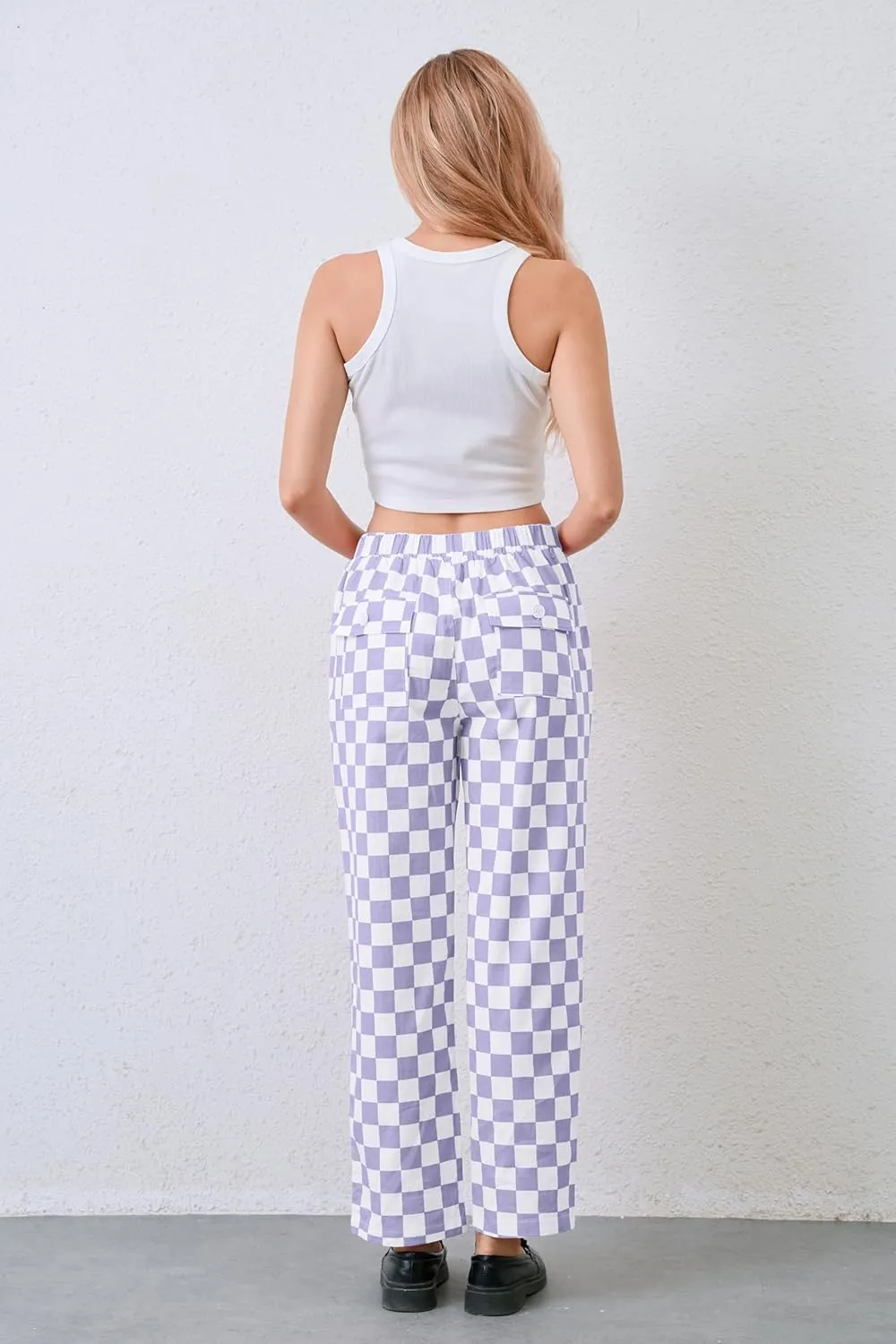 Womens Checkered Pants Zip Off Plaid Gingham Pants Casual Elastic High Waist Straight Leg Jeans with Pockets