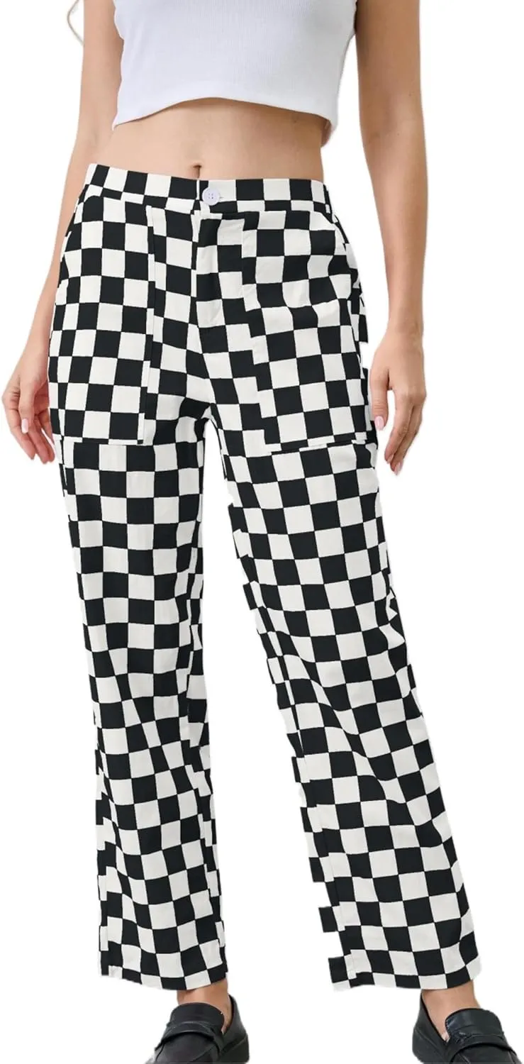 Womens Checkered Pants Zip Off Plaid Gingham Pants Casual Elastic High Waist Straight Leg Jeans with Pockets