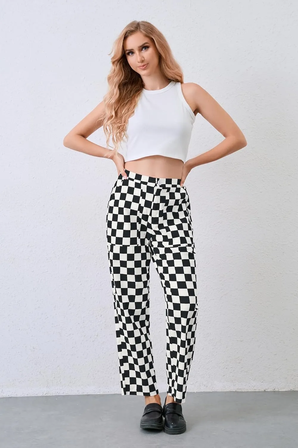 Womens Checkered Pants Zip Off Plaid Gingham Pants Casual Elastic High Waist Straight Leg Jeans with Pockets