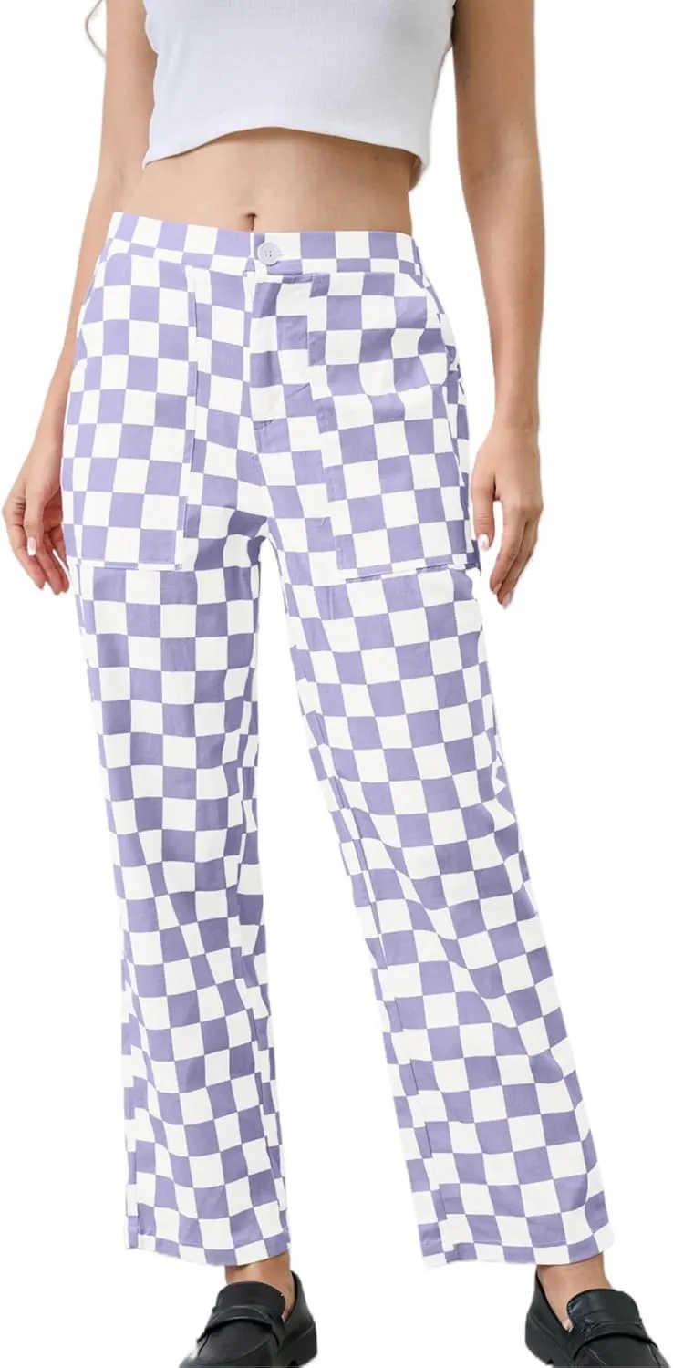Womens Checkered Pants Zip Off Plaid Gingham Pants Casual Elastic High Waist Straight Leg Jeans with Pockets