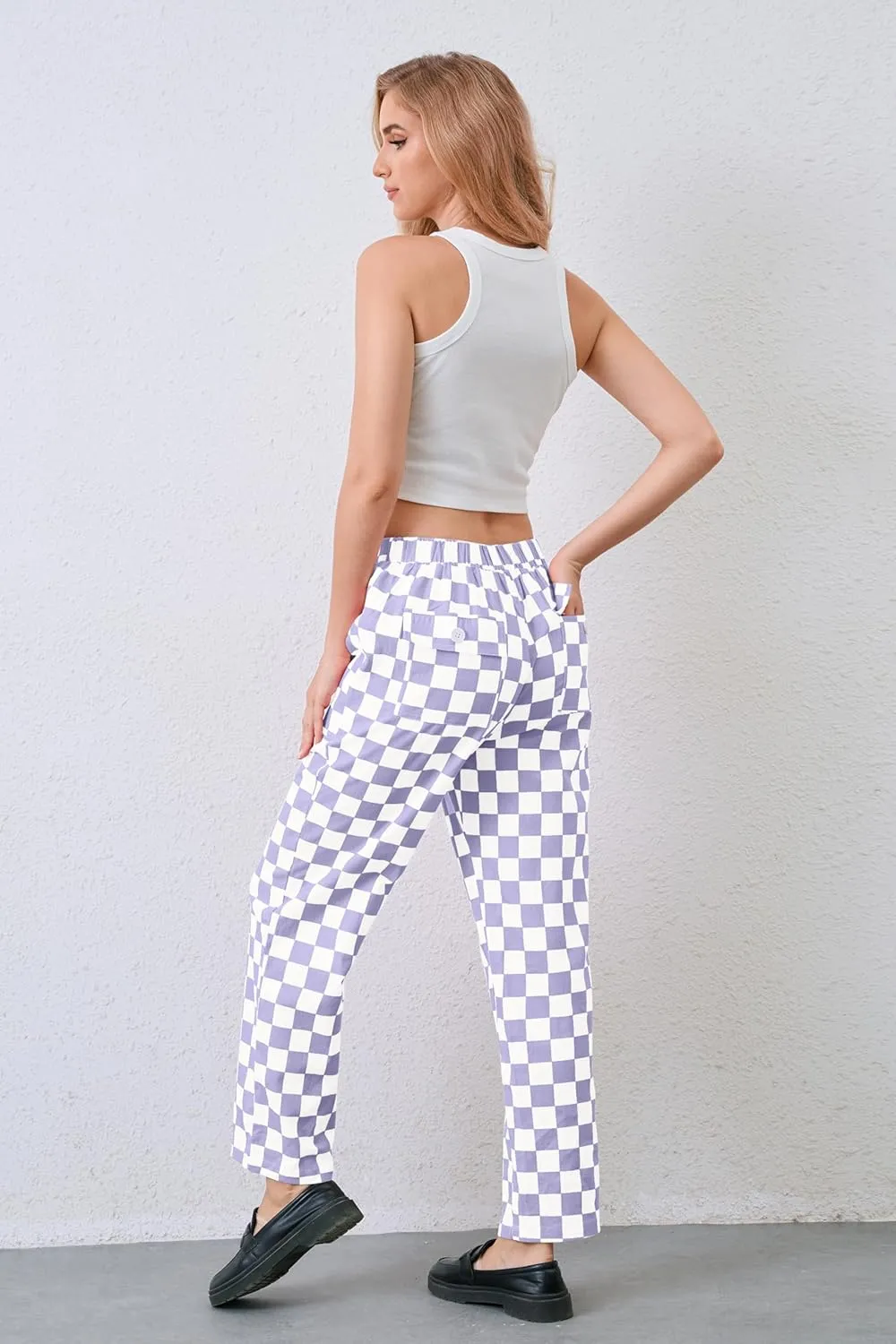 Womens Checkered Pants Zip Off Plaid Gingham Pants Casual Elastic High Waist Straight Leg Jeans with Pockets