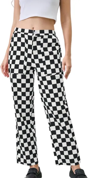 Womens Checkered Pants Zip Off Plaid Gingham Pants Casual Elastic High Waist Straight Leg Jeans with Pockets