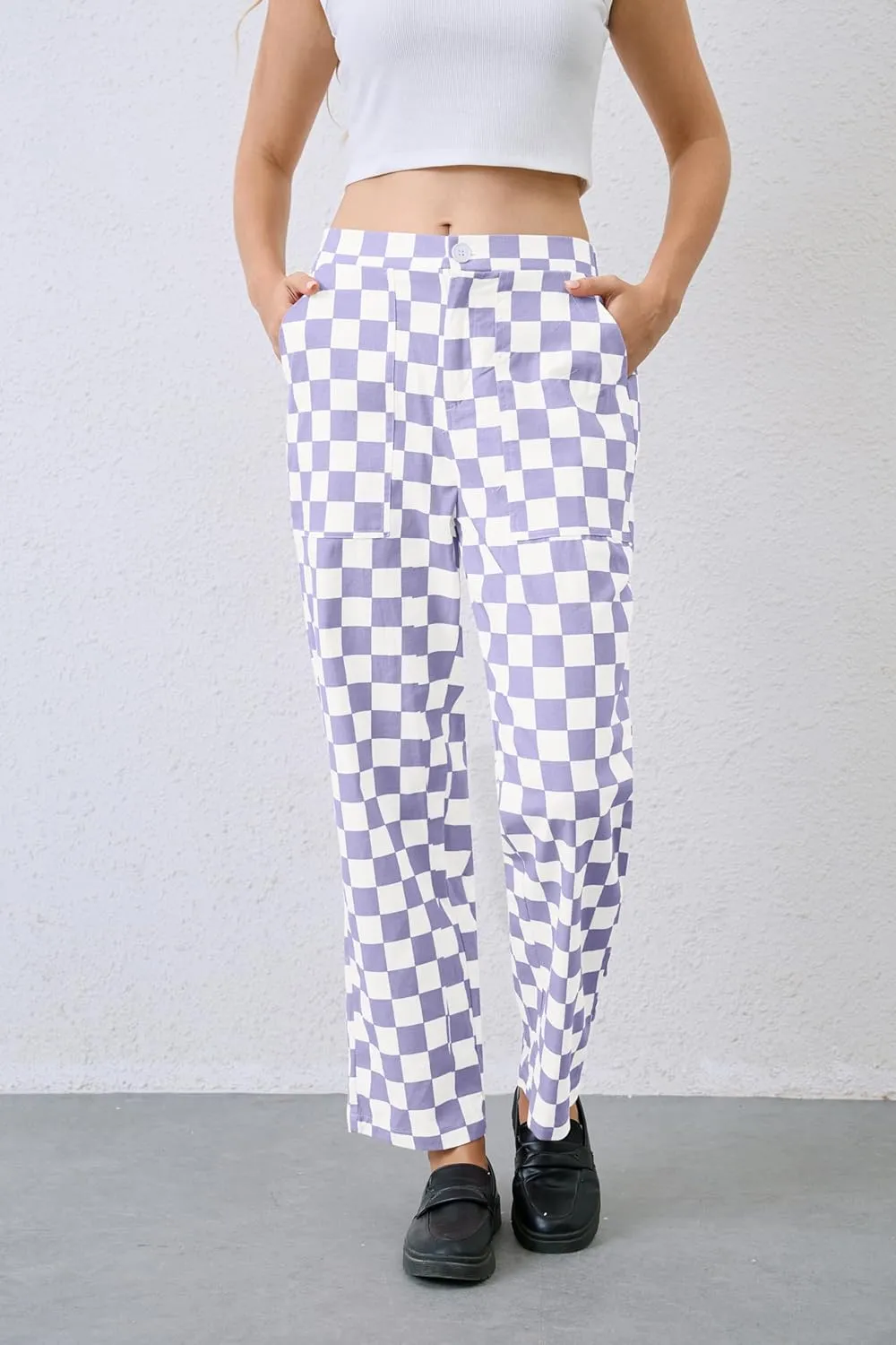 Womens Checkered Pants Zip Off Plaid Gingham Pants Casual Elastic High Waist Straight Leg Jeans with Pockets