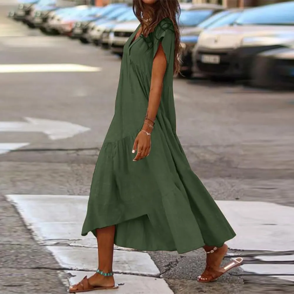 Women's Cotton Linen Tunic Dresses V Neck Summer Casual Loose Short Sleeve Flowy Swing Beach Midi Dress Plus Size