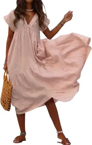 Women's Cotton Linen Tunic Dresses V Neck Summer Casual Loose Short Sleeve Flowy Swing Beach Midi Dress Plus Size