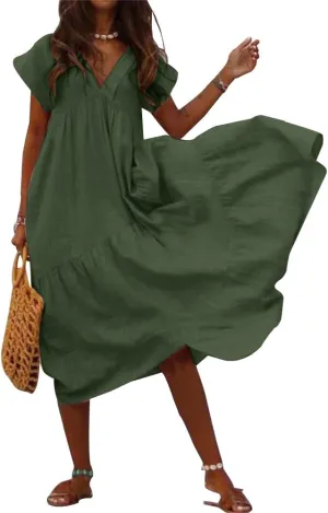 Women's Cotton Linen Tunic Dresses V Neck Summer Casual Loose Short Sleeve Flowy Swing Beach Midi Dress Plus Size