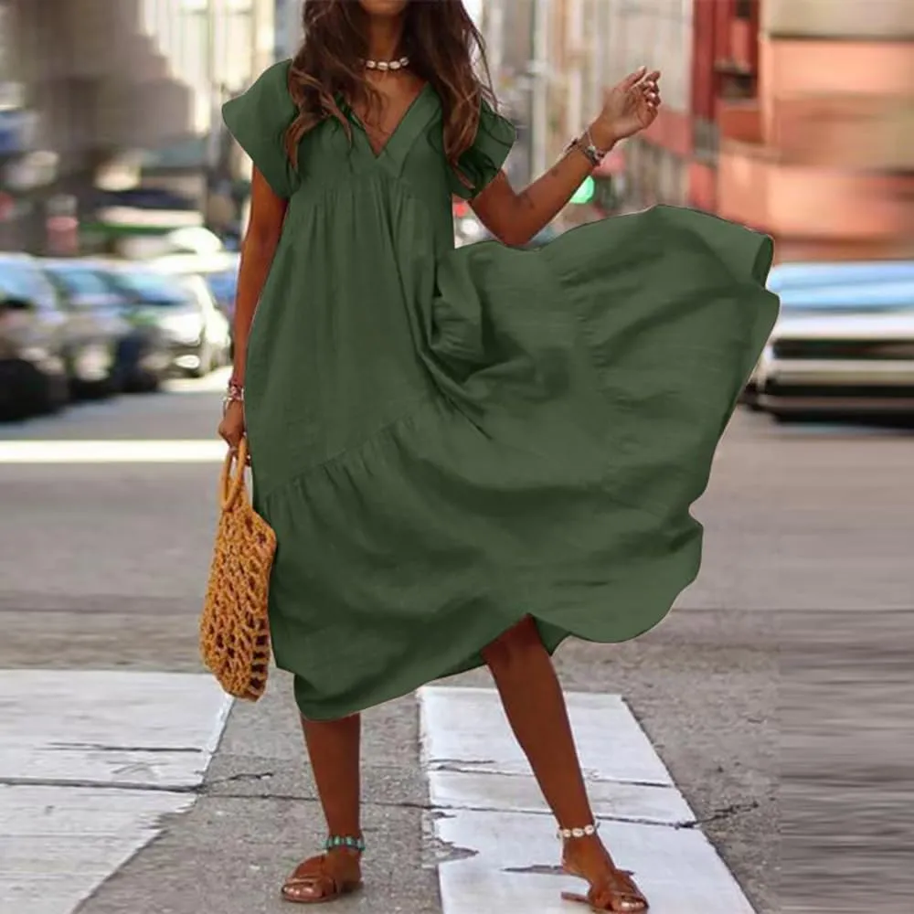 Women's Cotton Linen Tunic Dresses V Neck Summer Casual Loose Short Sleeve Flowy Swing Beach Midi Dress Plus Size