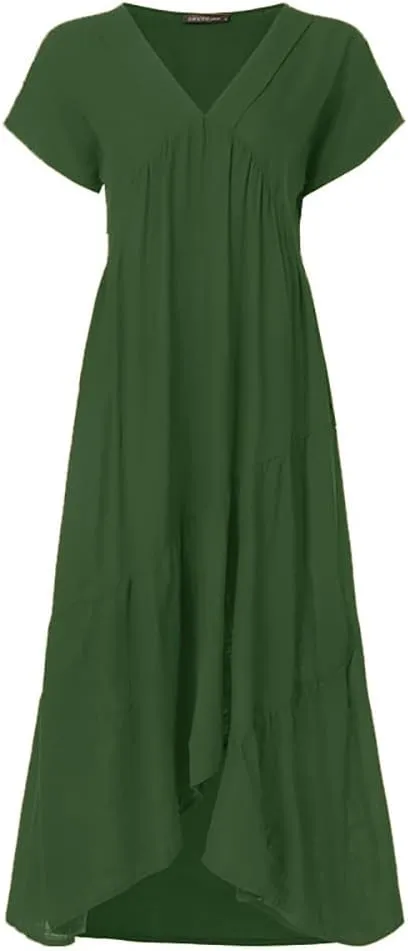 Women's Cotton Linen Tunic Dresses V Neck Summer Casual Loose Short Sleeve Flowy Swing Beach Midi Dress Plus Size