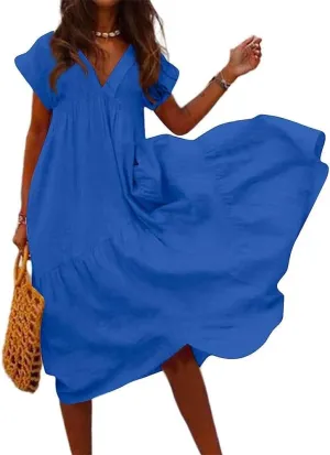 Women's Cotton Linen Tunic Dresses V Neck Summer Casual Loose Short Sleeve Flowy Swing Beach Midi Dress Plus Size