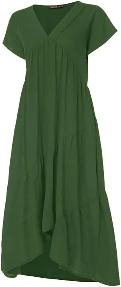 Women's Cotton Linen Tunic Dresses V Neck Summer Casual Loose Short Sleeve Flowy Swing Beach Midi Dress Plus Size