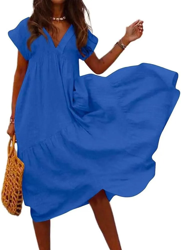 Women's Cotton Linen Tunic Dresses V Neck Summer Casual Loose Short Sleeve Flowy Swing Beach Midi Dress Plus Size