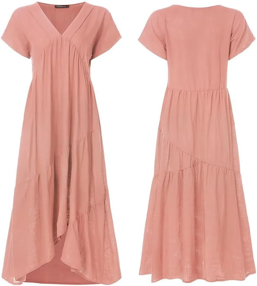 Women's Cotton Linen Tunic Dresses V Neck Summer Casual Loose Short Sleeve Flowy Swing Beach Midi Dress Plus Size