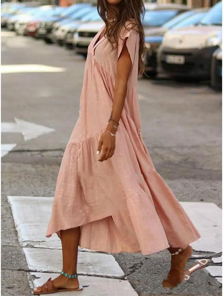 Women's Cotton Linen Tunic Dresses V Neck Summer Casual Loose Short Sleeve Flowy Swing Beach Midi Dress Plus Size