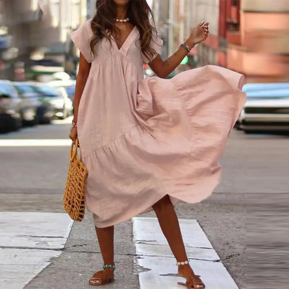 Women's Cotton Linen Tunic Dresses V Neck Summer Casual Loose Short Sleeve Flowy Swing Beach Midi Dress Plus Size