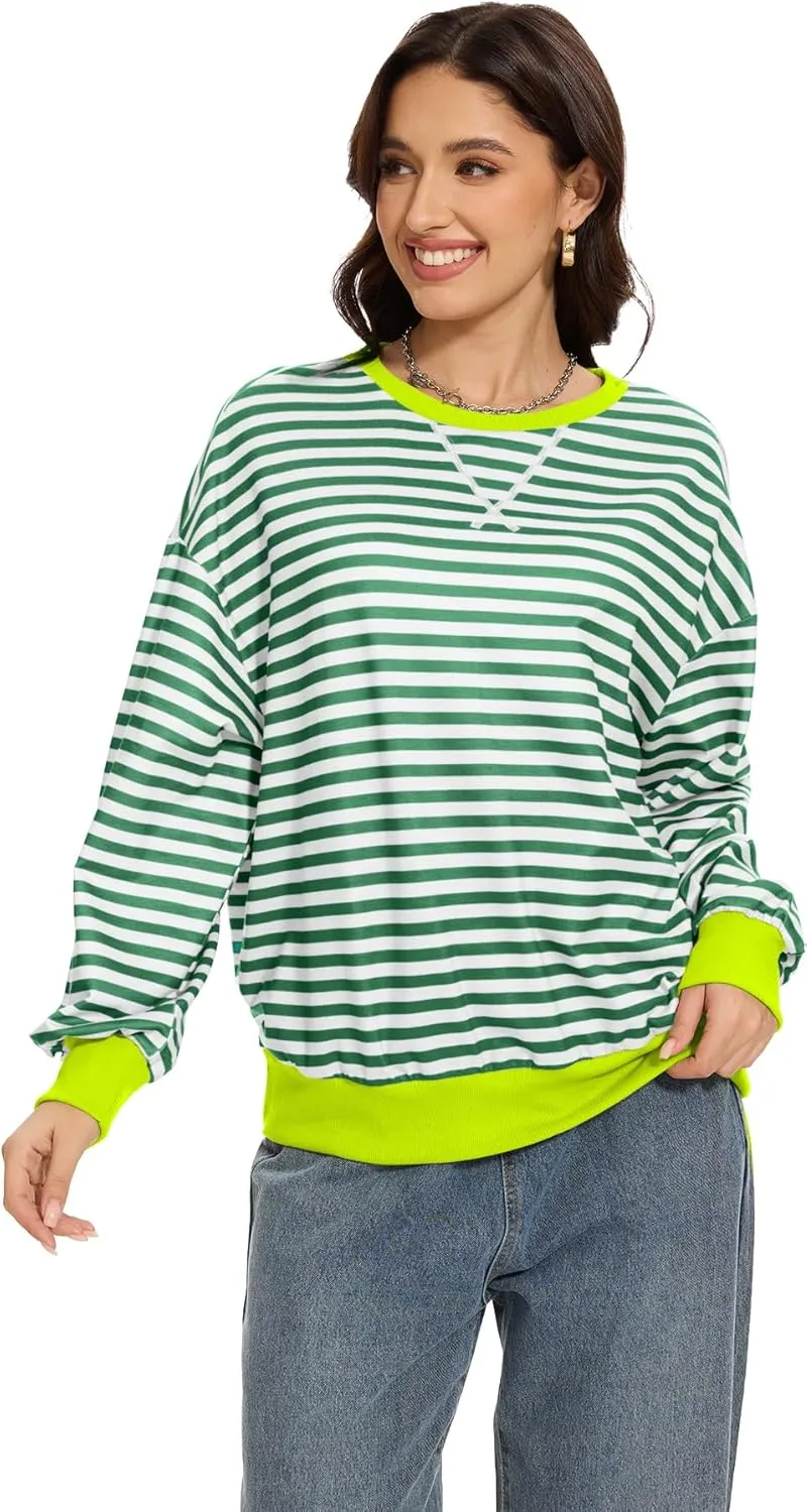 Women's Crew Neck Striped Sweatshirt Oversized Long Sleeve Top Shirt Y2K Loose Pullover Clothes Fall Fashion Shirts