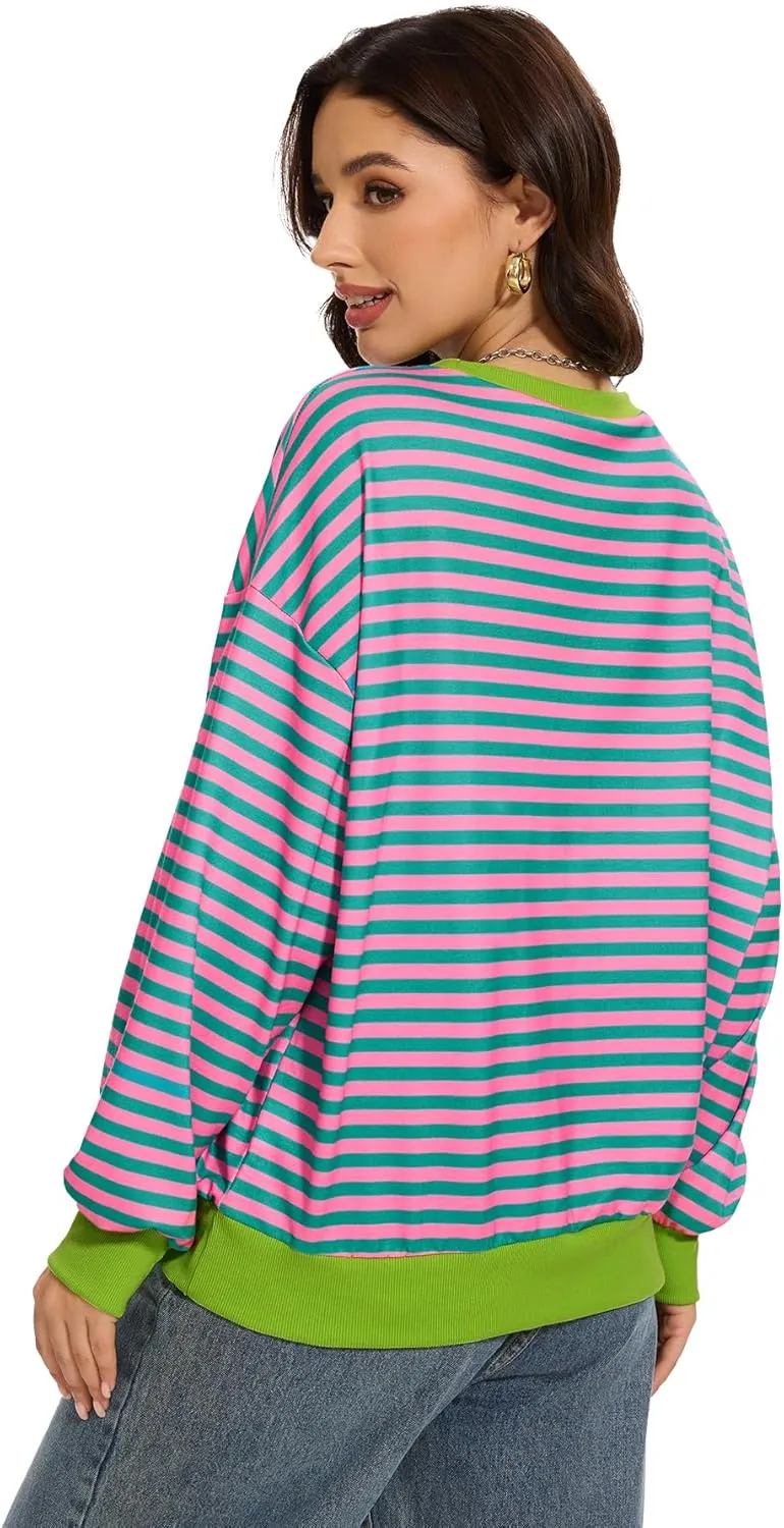 Women's Crew Neck Striped Sweatshirt Oversized Long Sleeve Top Shirt Y2K Loose Pullover Clothes Fall Fashion Shirts