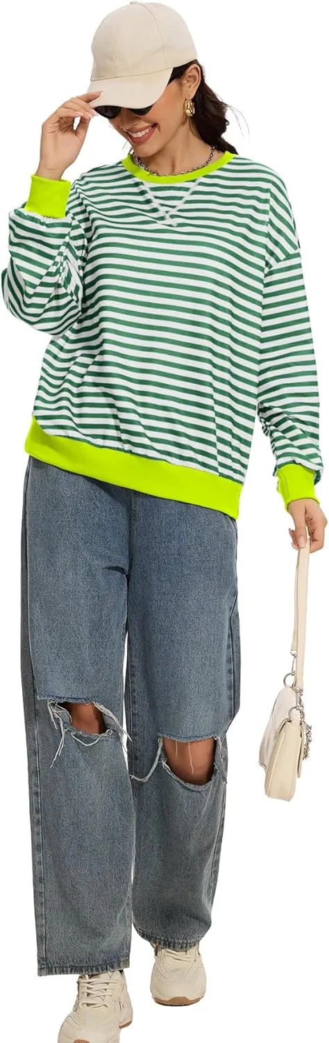 Women's Crew Neck Striped Sweatshirt Oversized Long Sleeve Top Shirt Y2K Loose Pullover Clothes Fall Fashion Shirts