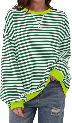 Women's Crew Neck Striped Sweatshirt Oversized Long Sleeve Top Shirt Y2K Loose Pullover Clothes Fall Fashion Shirts