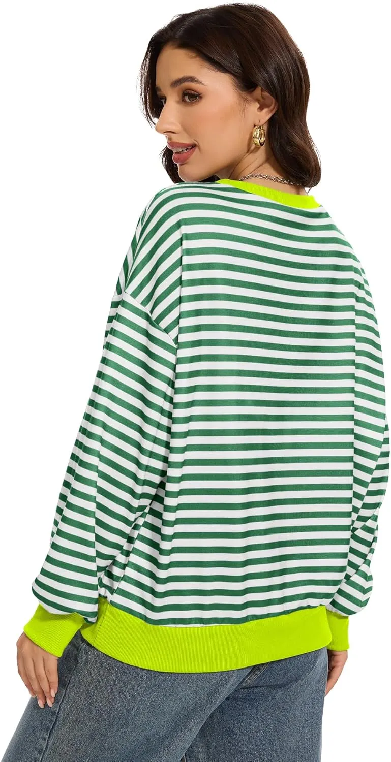 Women's Crew Neck Striped Sweatshirt Oversized Long Sleeve Top Shirt Y2K Loose Pullover Clothes Fall Fashion Shirts