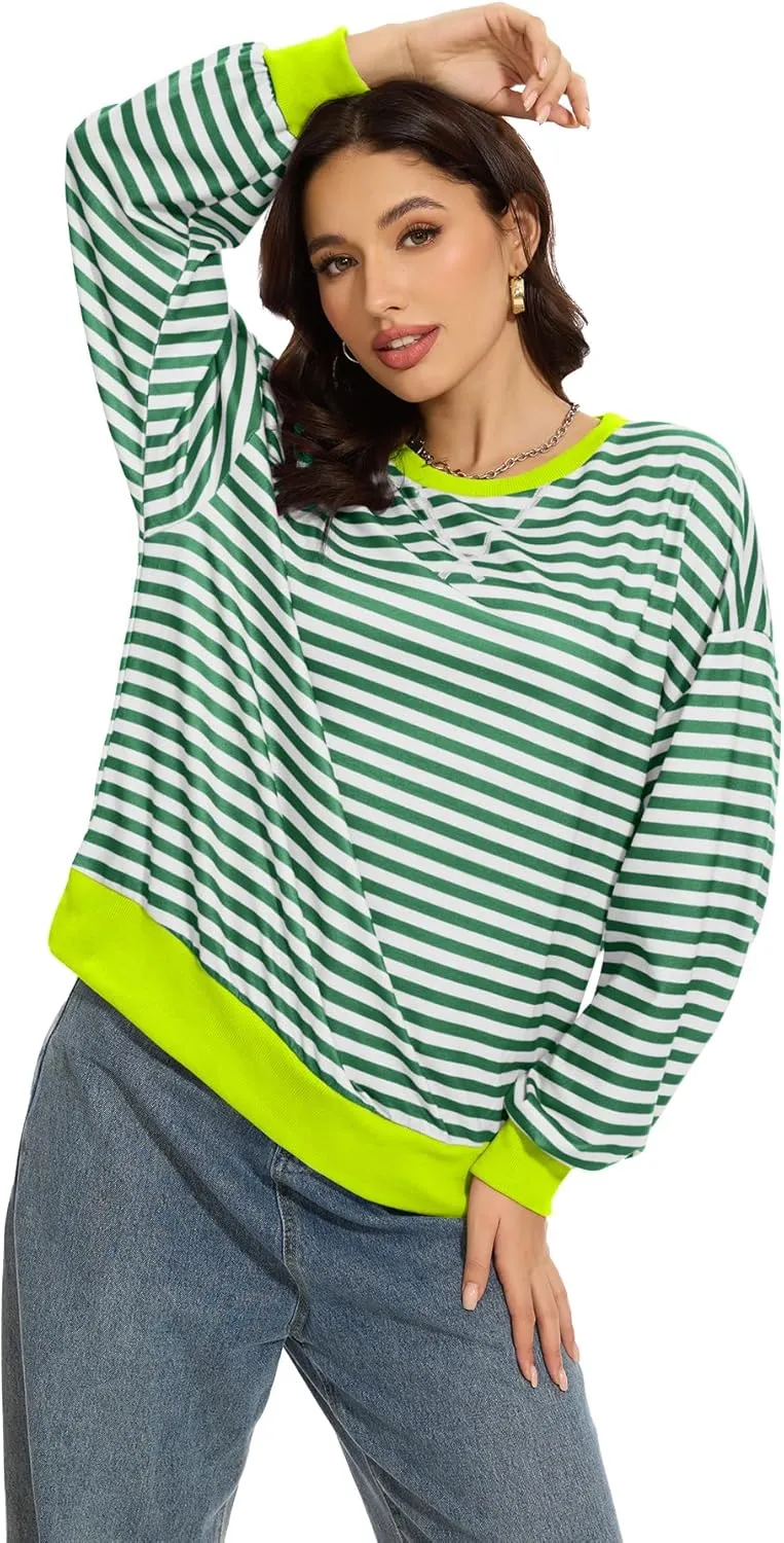 Women's Crew Neck Striped Sweatshirt Oversized Long Sleeve Top Shirt Y2K Loose Pullover Clothes Fall Fashion Shirts